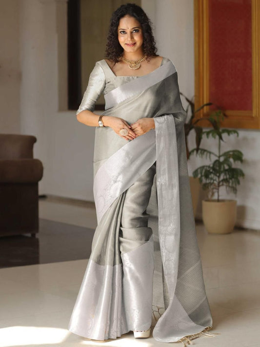 Grey Shining Tissue Silk Saree - Femenica