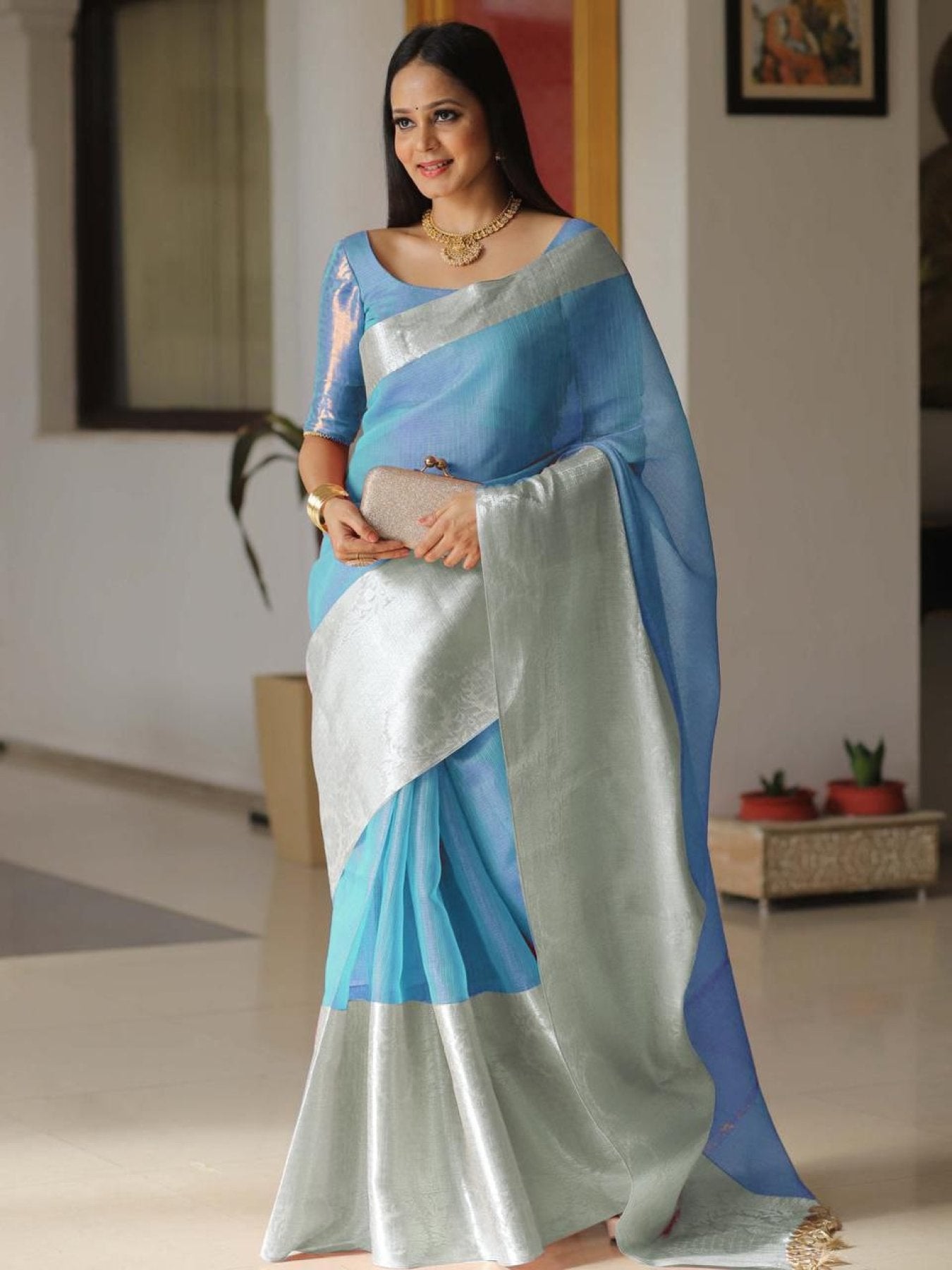 Grey Shining Tissue Silk Saree - Femenica