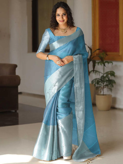 Grey Shining Tissue Silk Saree - Femenica