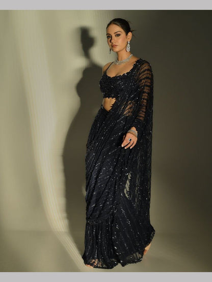 Black Color Mono Net Bollywood Saree - Femenica