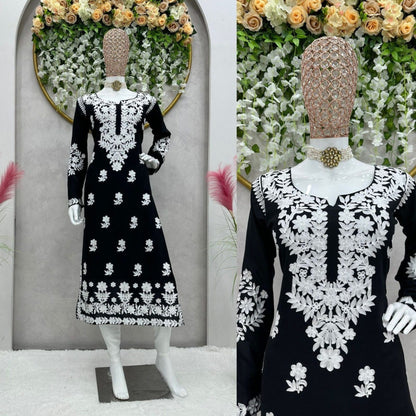 Femenica Black Chikankari Rayon Kurti | Elegant Handcrafted Embroidery for Everyday Style - Femenica