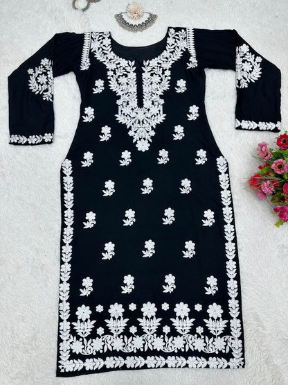 Femenica Black Chikankari Rayon Kurti | Elegant Handcrafted Embroidery for Everyday Style - Femenica