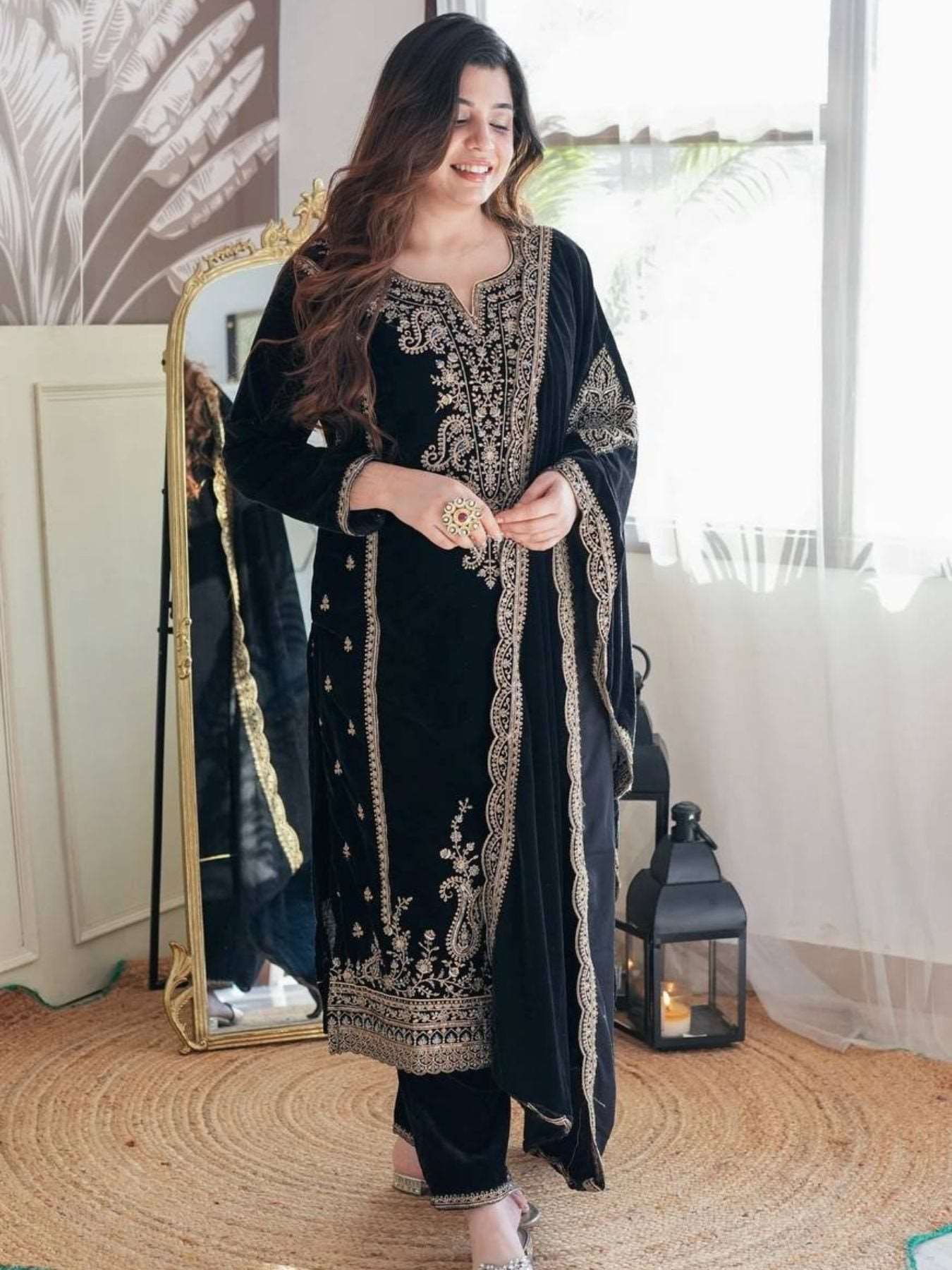 Black Color Embroidered Suit - Femenica