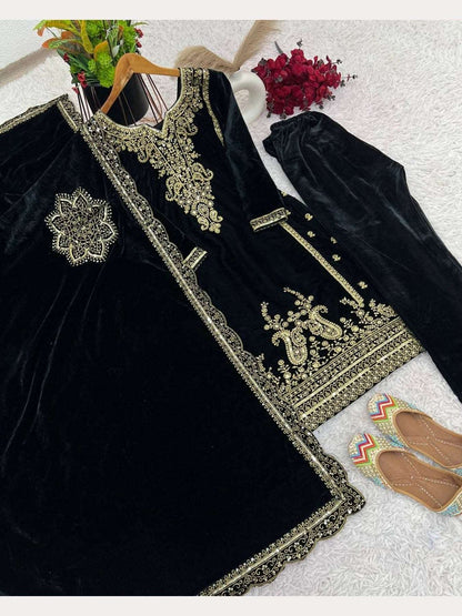 Black Color Embroidered Suit - Femenica