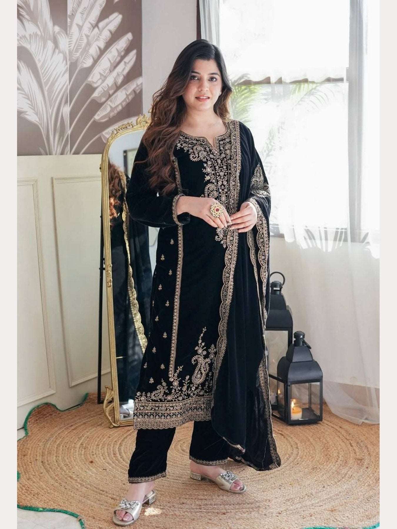 Black Color Embroidered Suit - Femenica