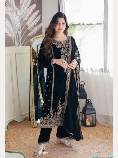 Black Color Embroidered Suit - Femenica