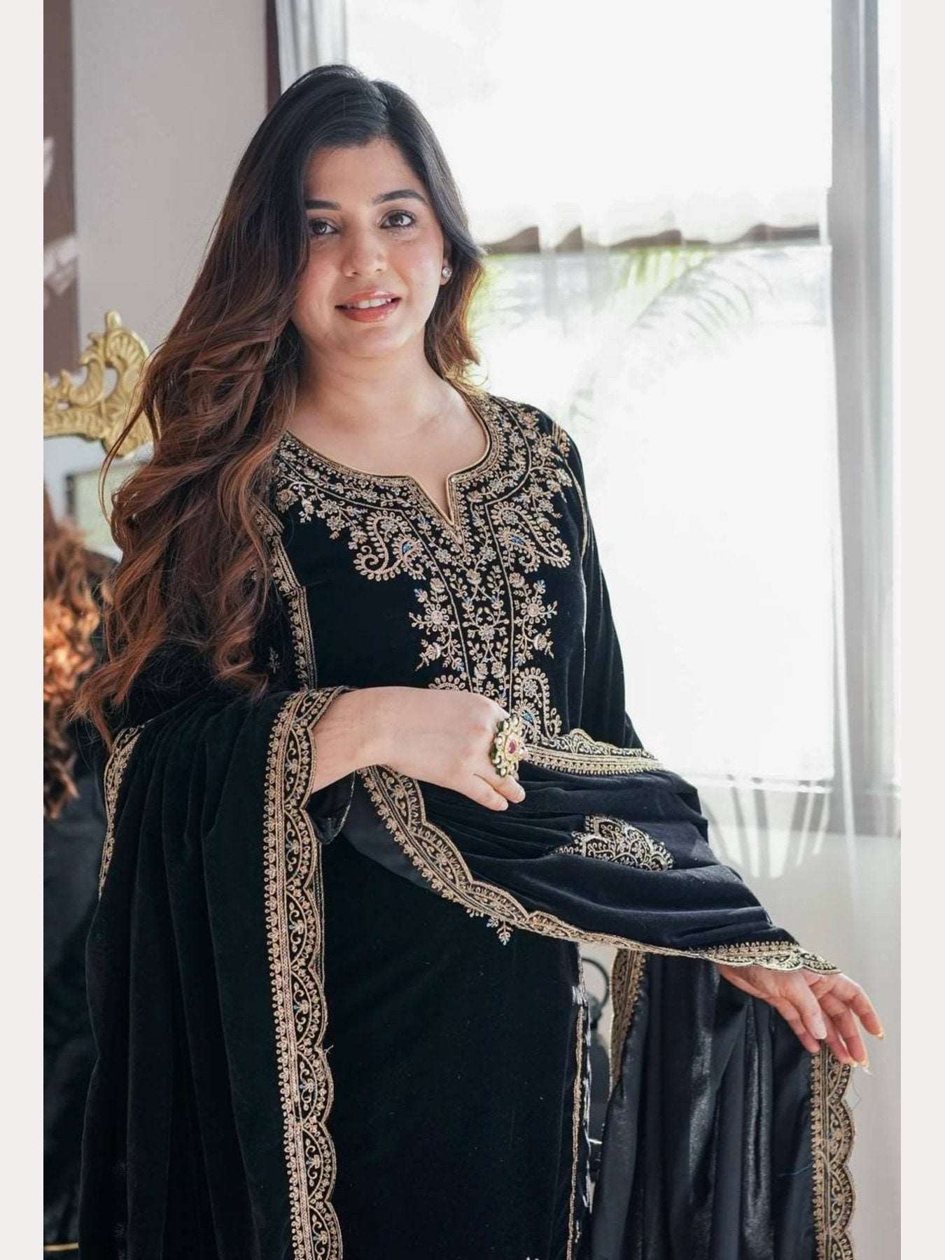 Black Color Embroidered Suit - Femenica