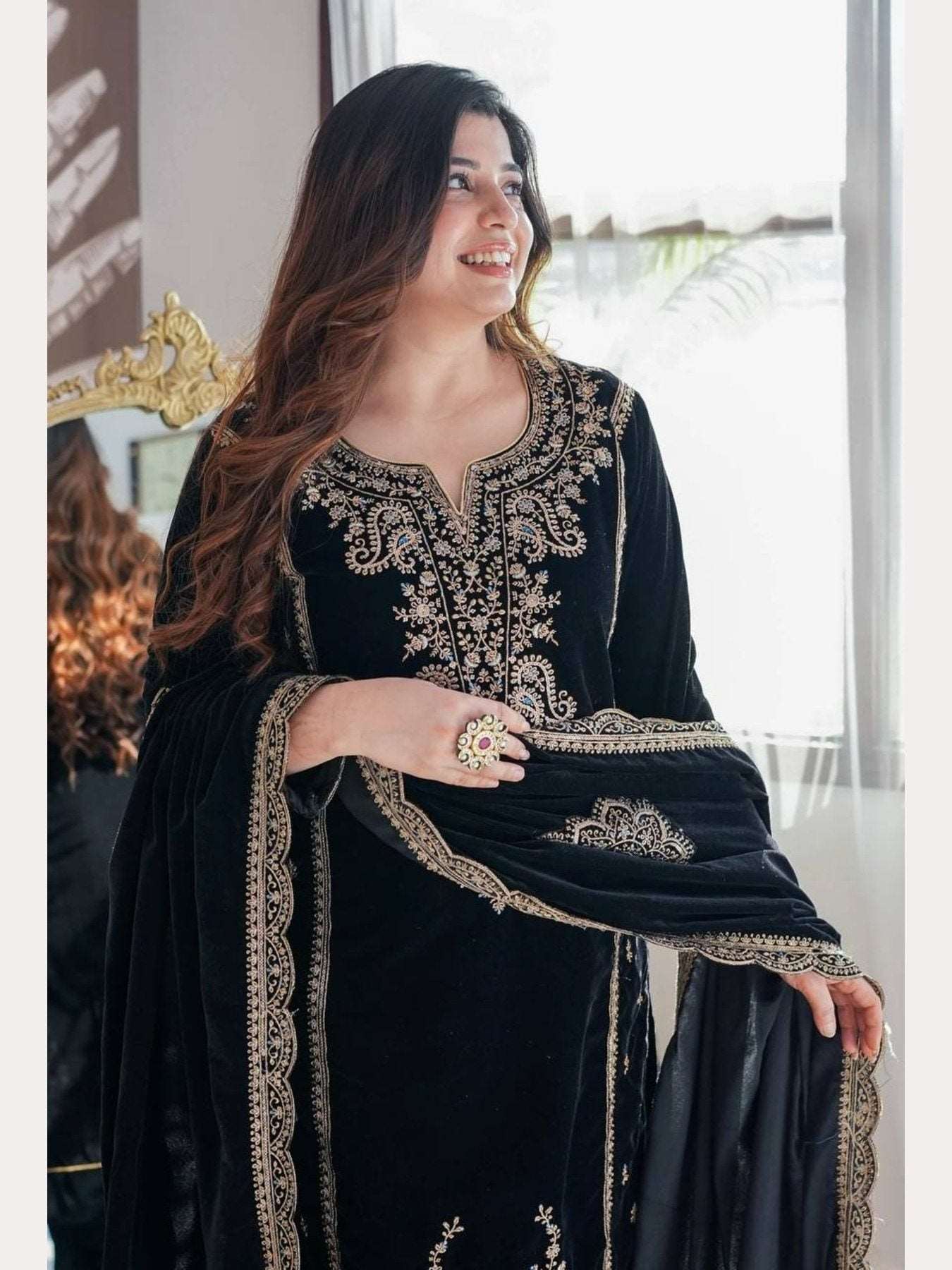 Black Color Embroidered Suit - Femenica