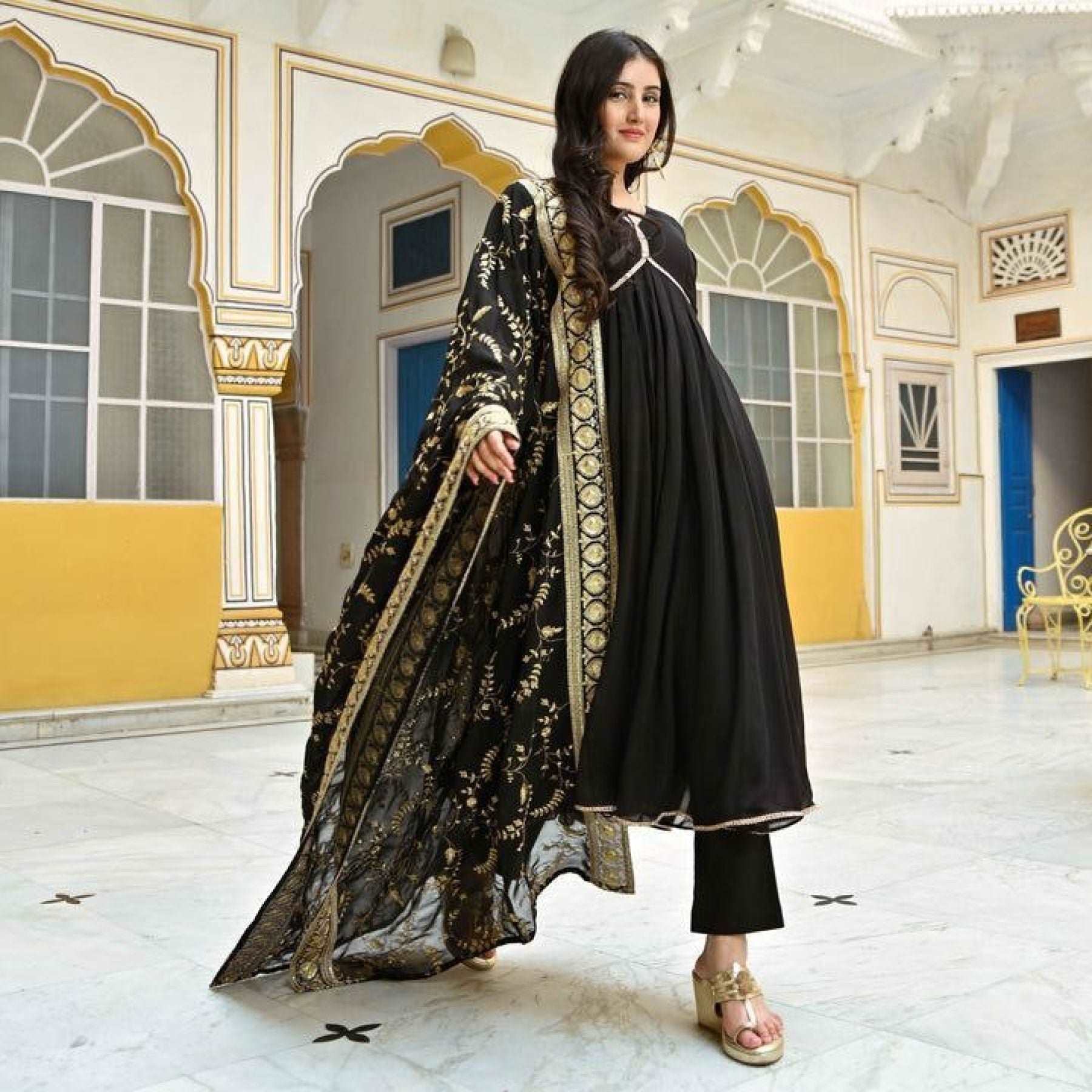 Black Georgette Anarkali Kurti - Femenica