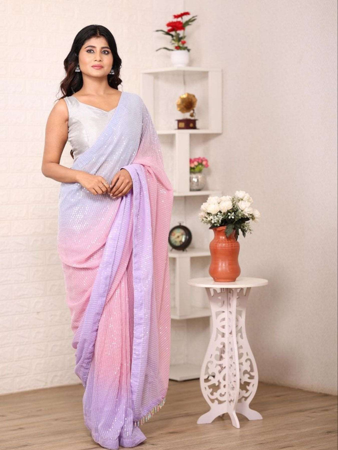 Georgette sequence pink saree - Femenica