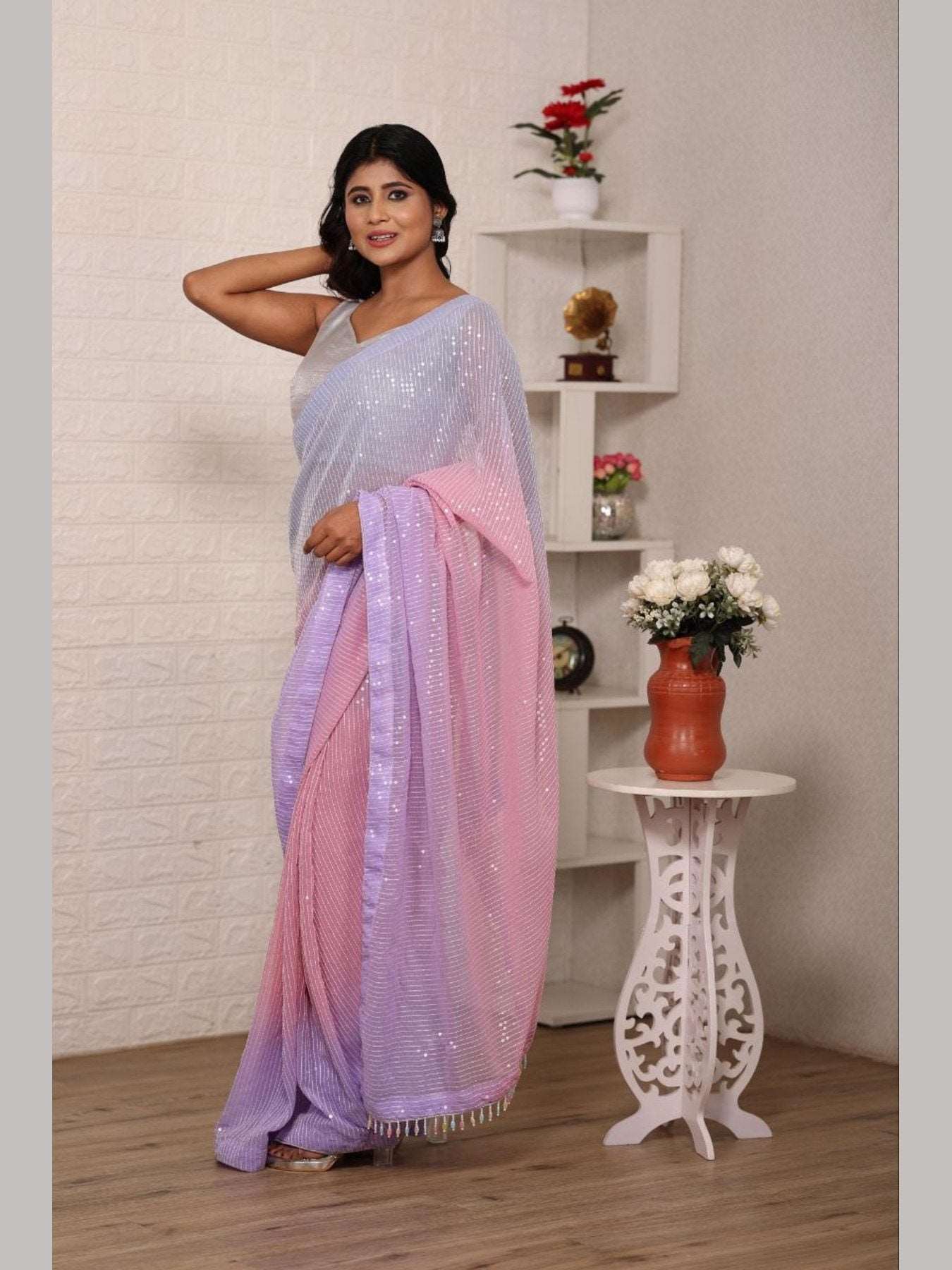 Georgette sequence pink saree - Femenica