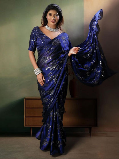 Blue Silk Saree With Embroidery - Femenica