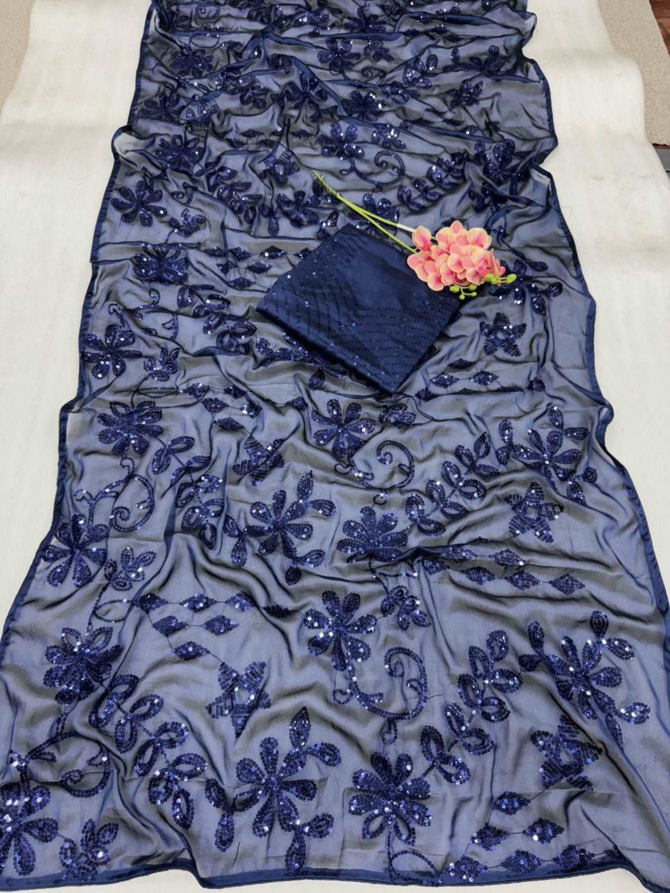 Blue Silk Saree With Embroidery - Femenica