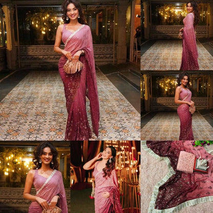 Bollywood Style Georgette Saree With Sequence Embroidered Work - Femenica