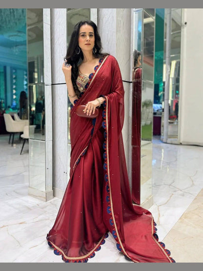 Shraddha Kapoor inspired embroidered red silk saree - Femenica