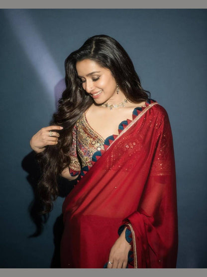 Shraddha Kapoor inspired embroidered red silk saree - Femenica