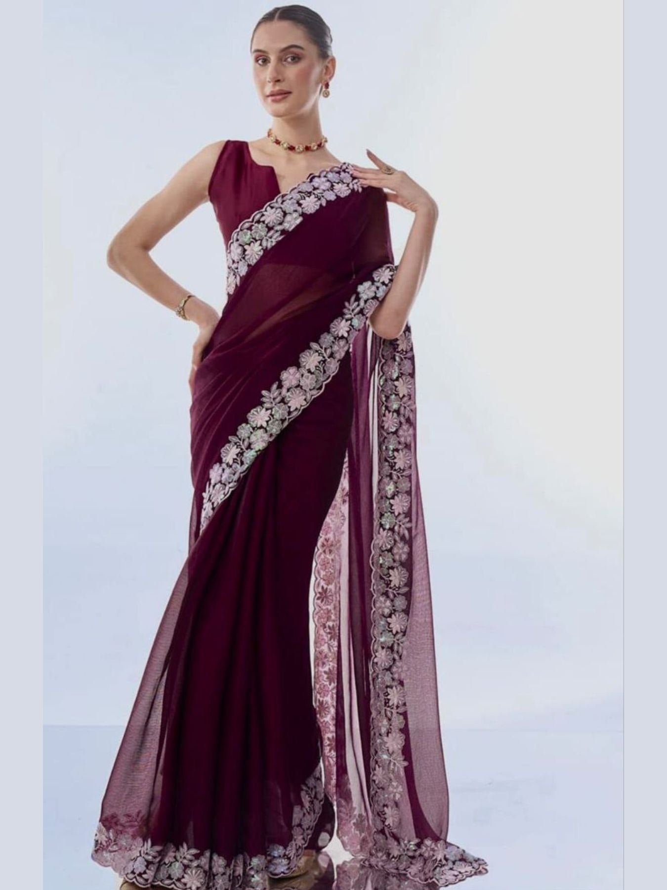 Soft Georgette Maroon embroidered saree - Femenica