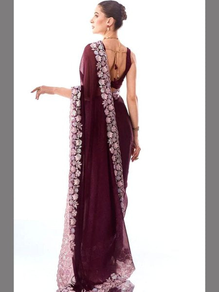 Soft Georgette Maroon embroidered saree - Femenica