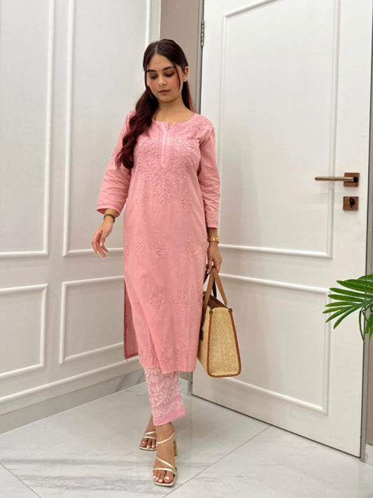 Femenica Pink Chikankari Embroidery Silk Kurti with Pant | Elegant and Timeless Ethnic Ensemble - Femenica