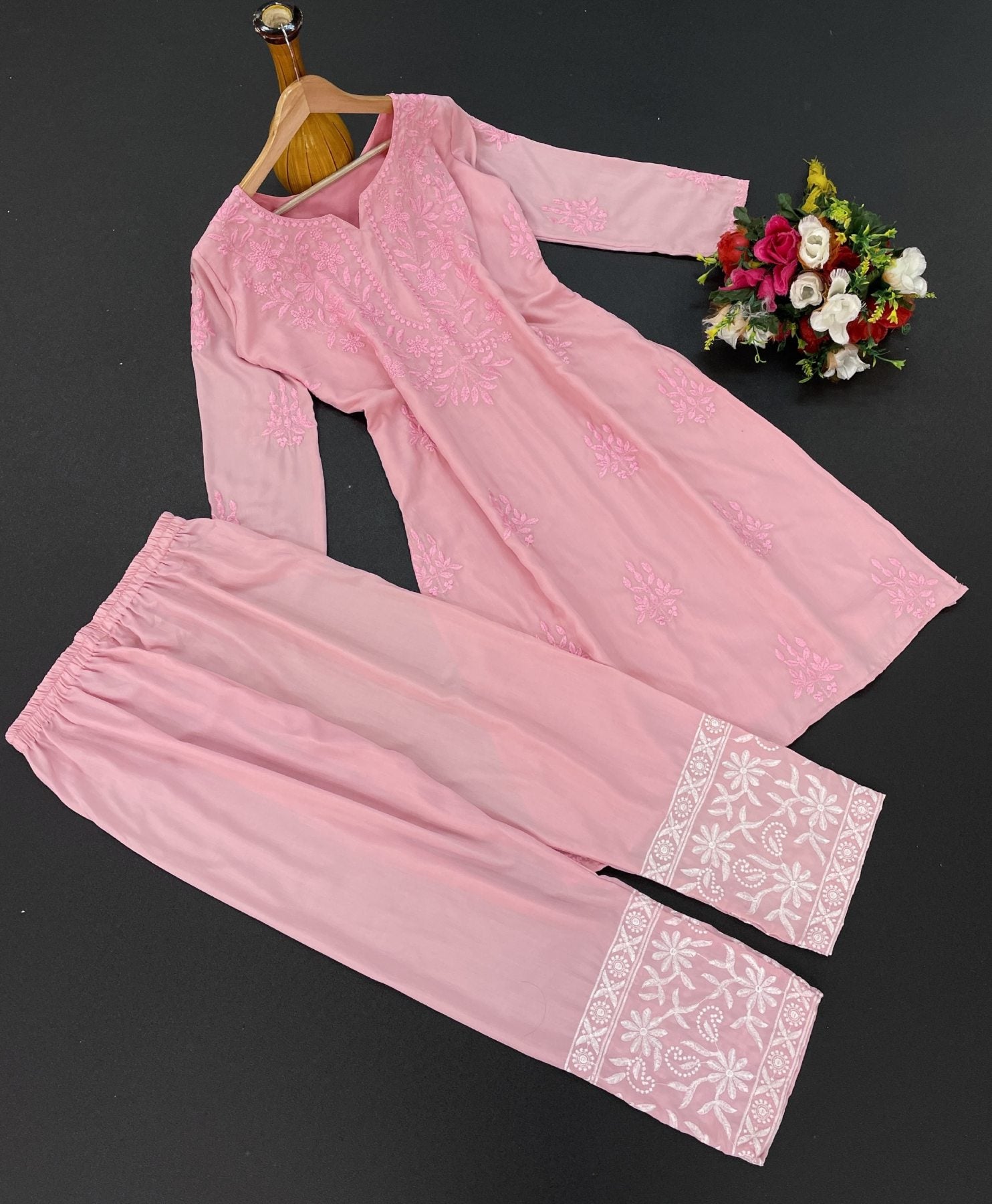 Femenica Pink Chikankari Embroidery Silk Kurti with Pant | Elegant and Timeless Ethnic Ensemble - Femenica