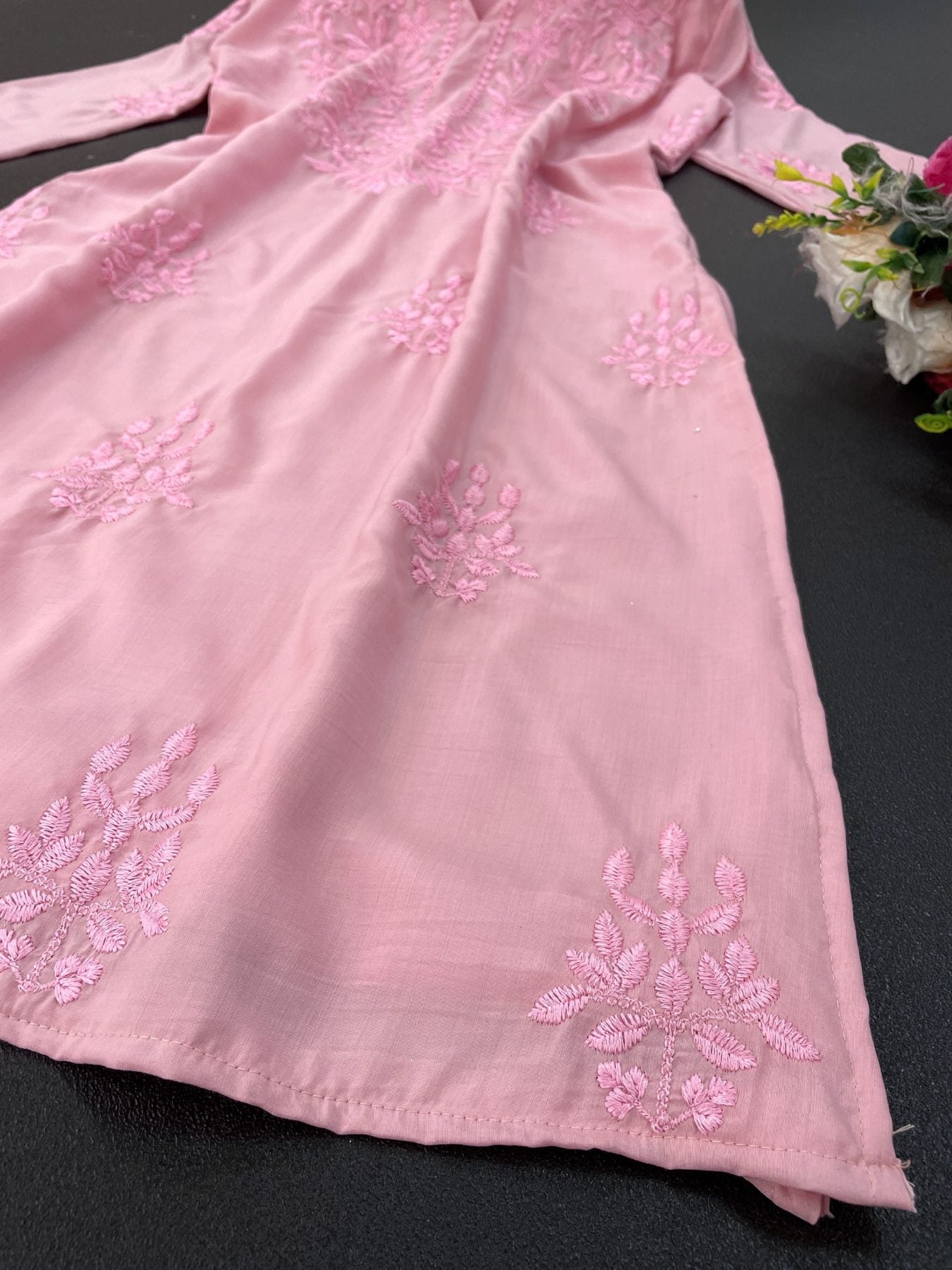 Femenica Pink Chikankari Embroidery Silk Kurti with Pant | Elegant and Timeless Ethnic Ensemble - Femenica