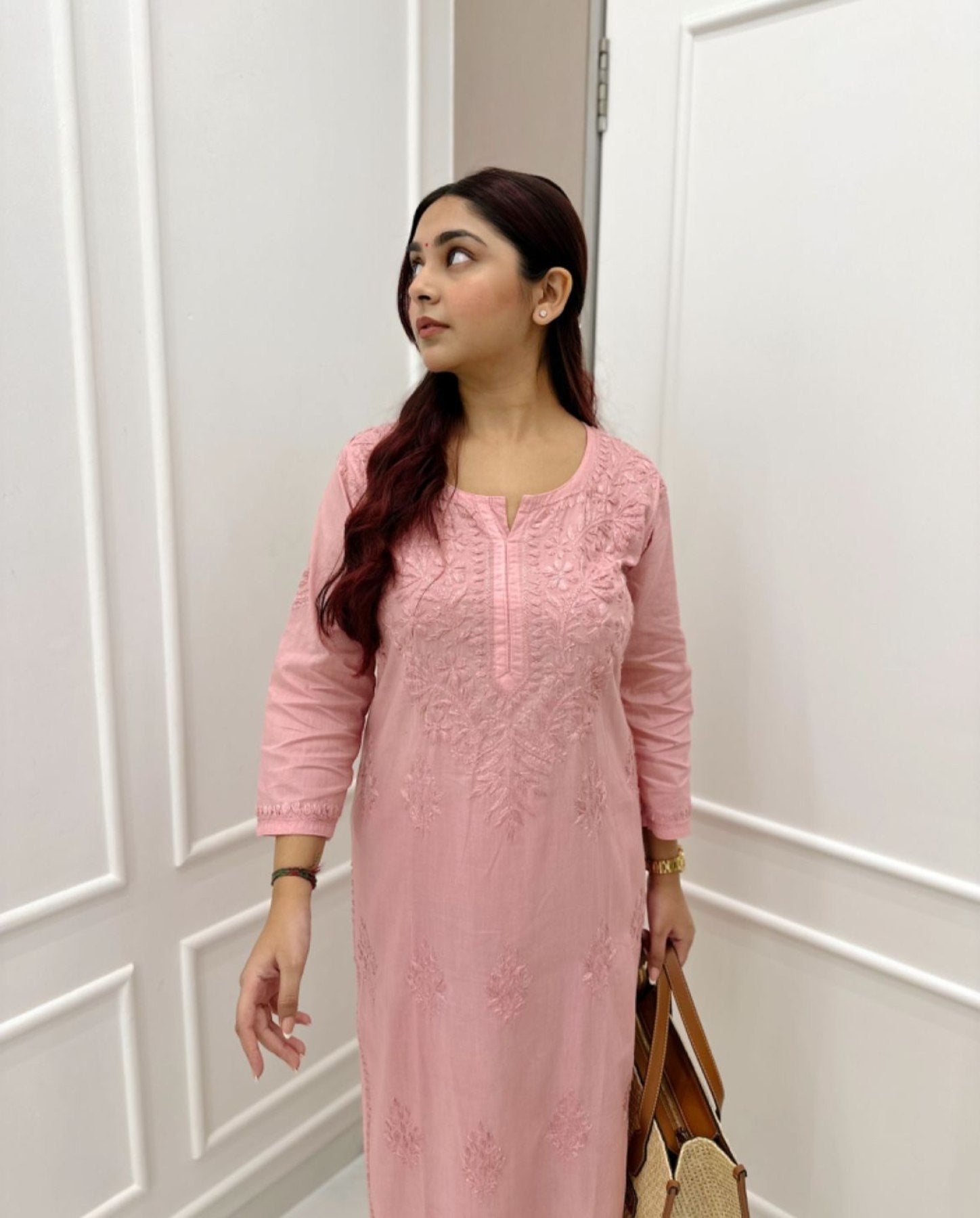 Femenica Pink Chikankari Embroidery Silk Kurti with Pant | Elegant and Timeless Ethnic Ensemble - Femenica