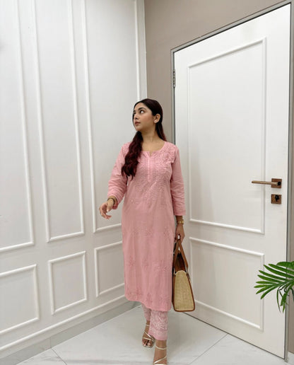 Femenica Pink Chikankari Embroidery Silk Kurti with Pant | Elegant and Timeless Ethnic Ensemble - Femenica