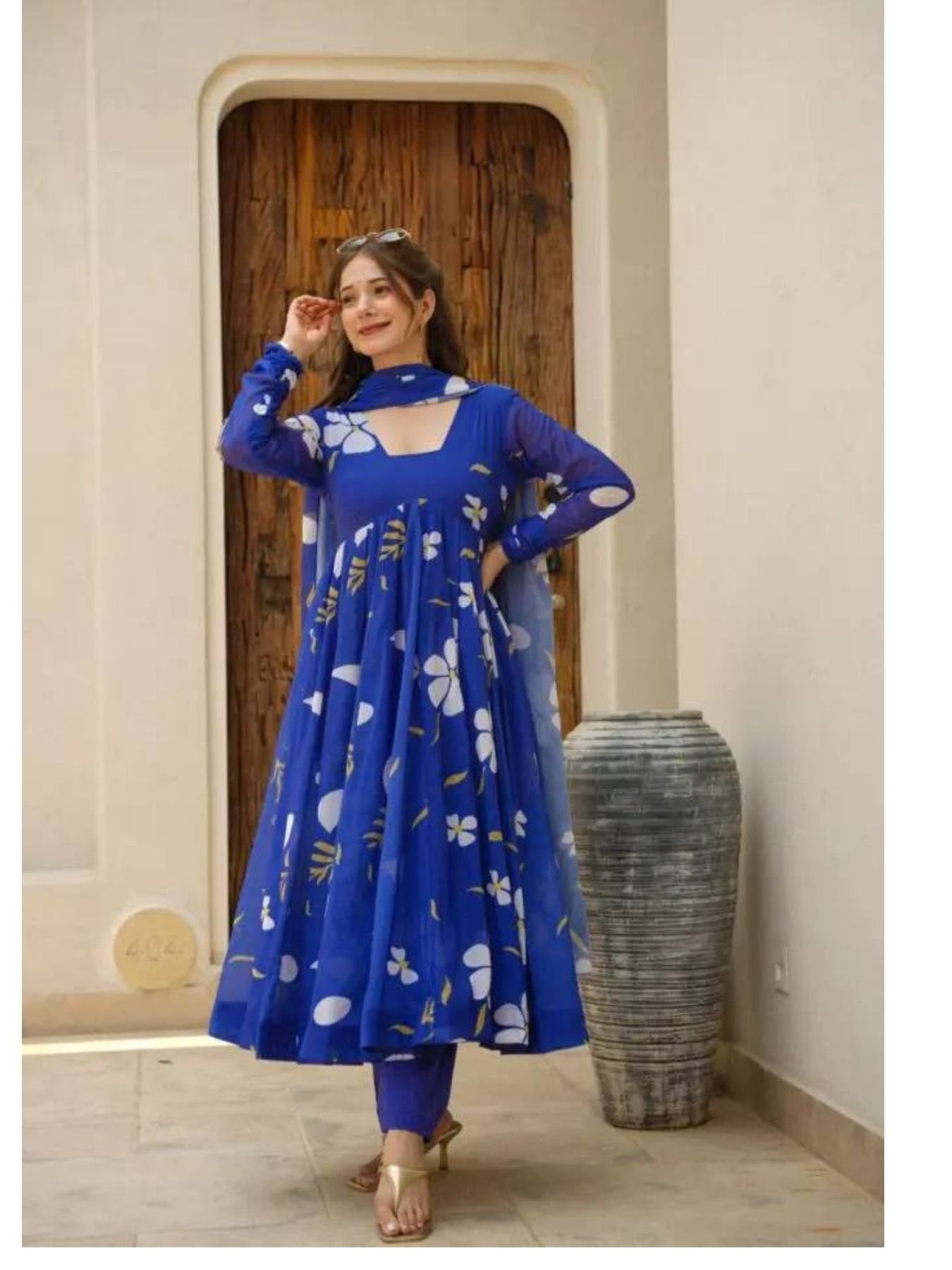 Designer Blue Faux Georgette Gown Set With Dupatta and bottom - Femenica