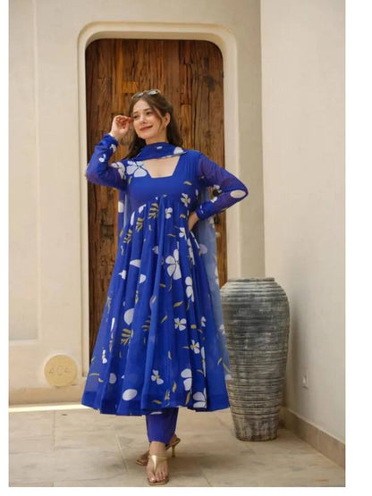 Designer Blue Faux Georgette Gown Set With Dupatta and bottom - Femenica