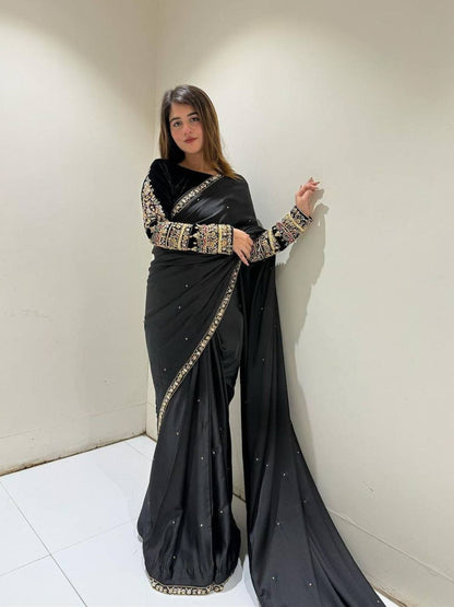 Designer Velvet saree with embroidery - Femenica