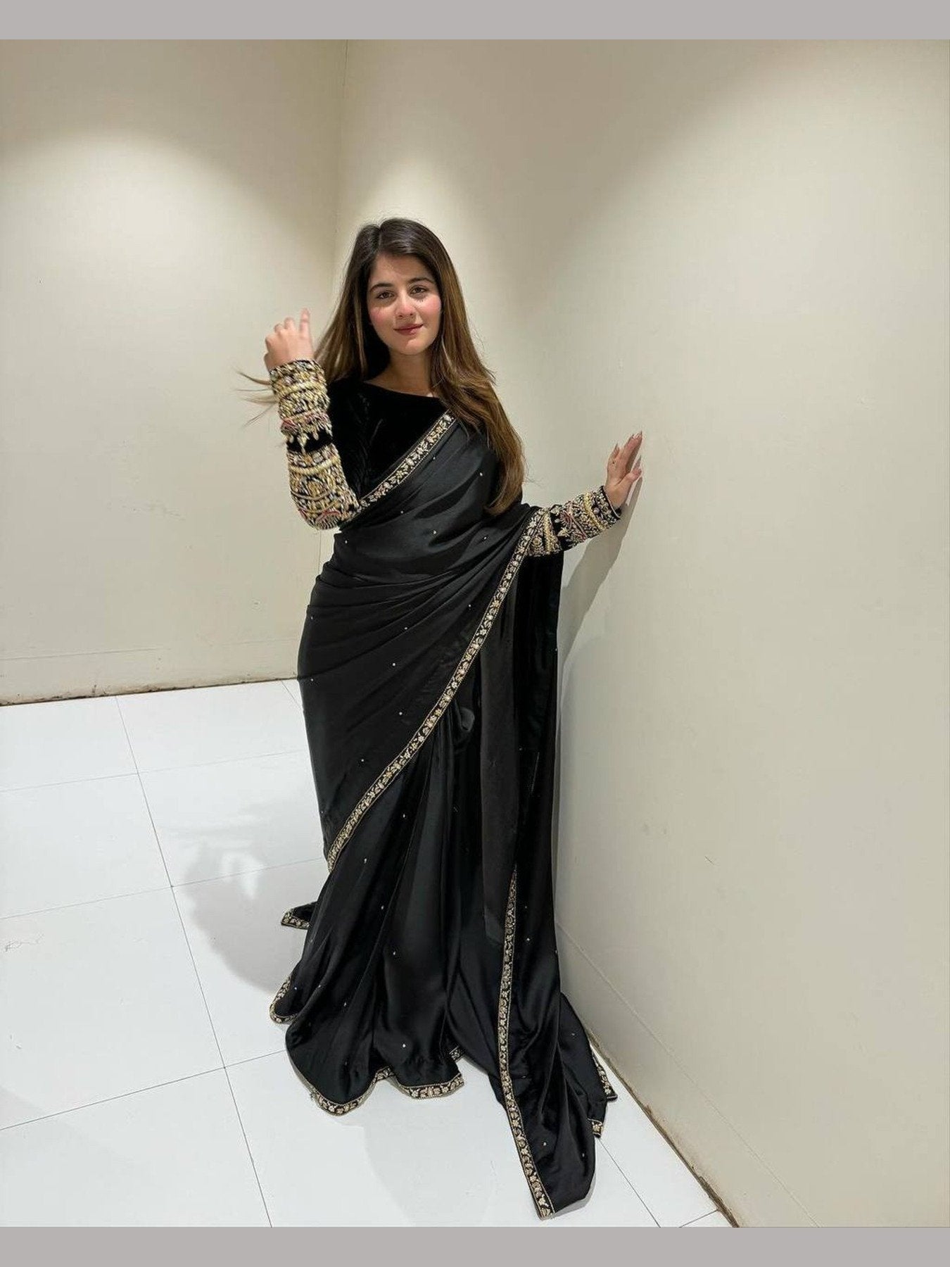 Designer Velvet saree with embroidery - Femenica