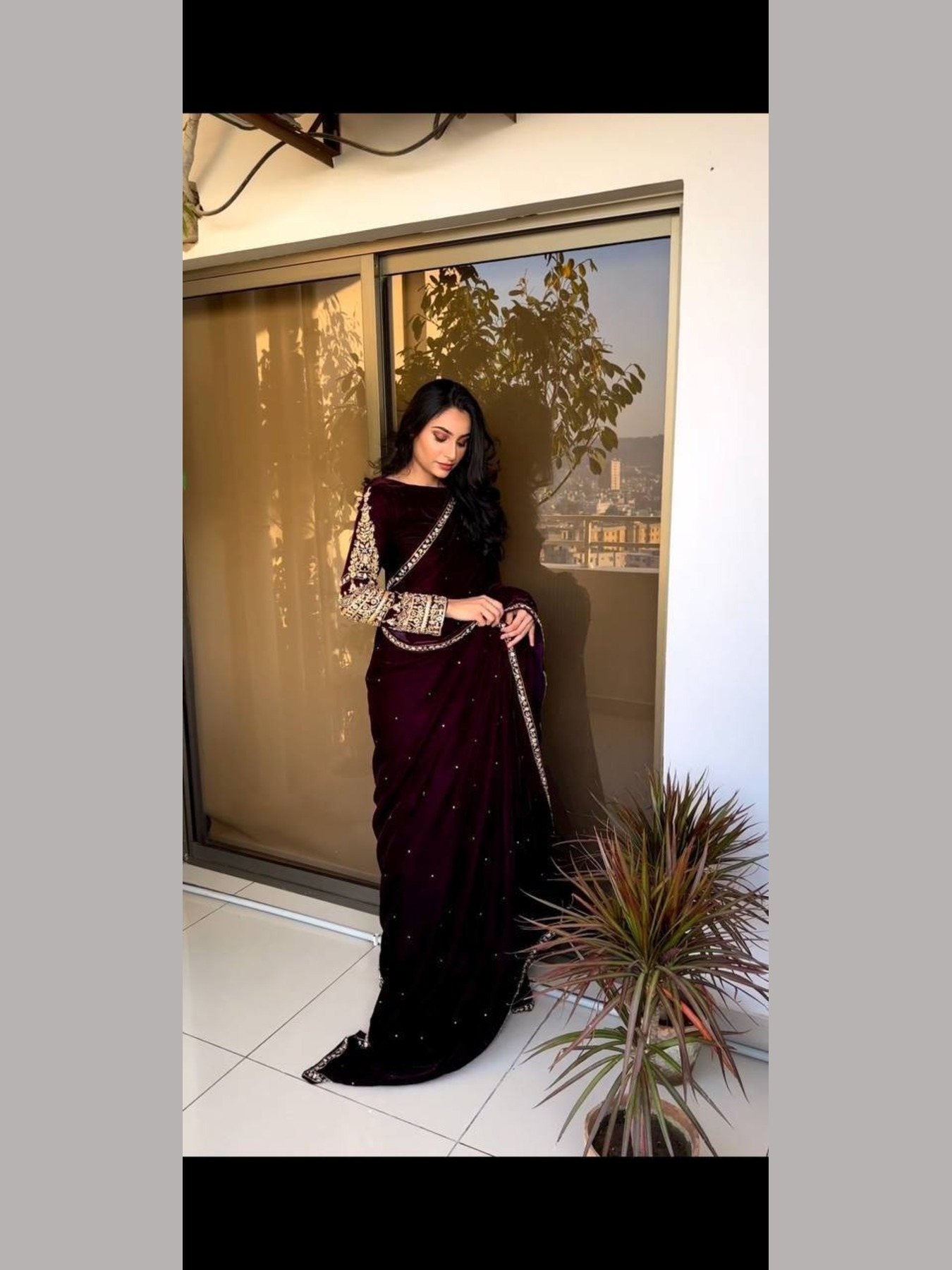 Designer Velvet saree with embroidery - Femenica