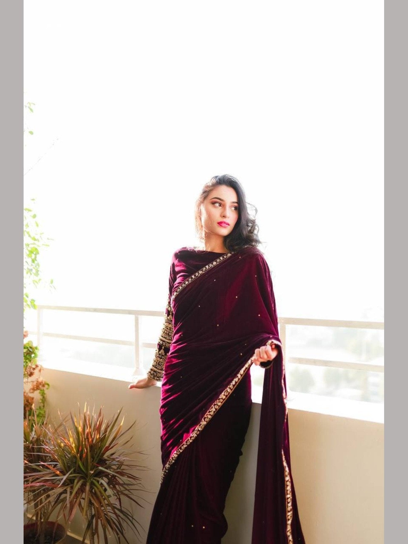 Designer Velvet saree with embroidery - Femenica