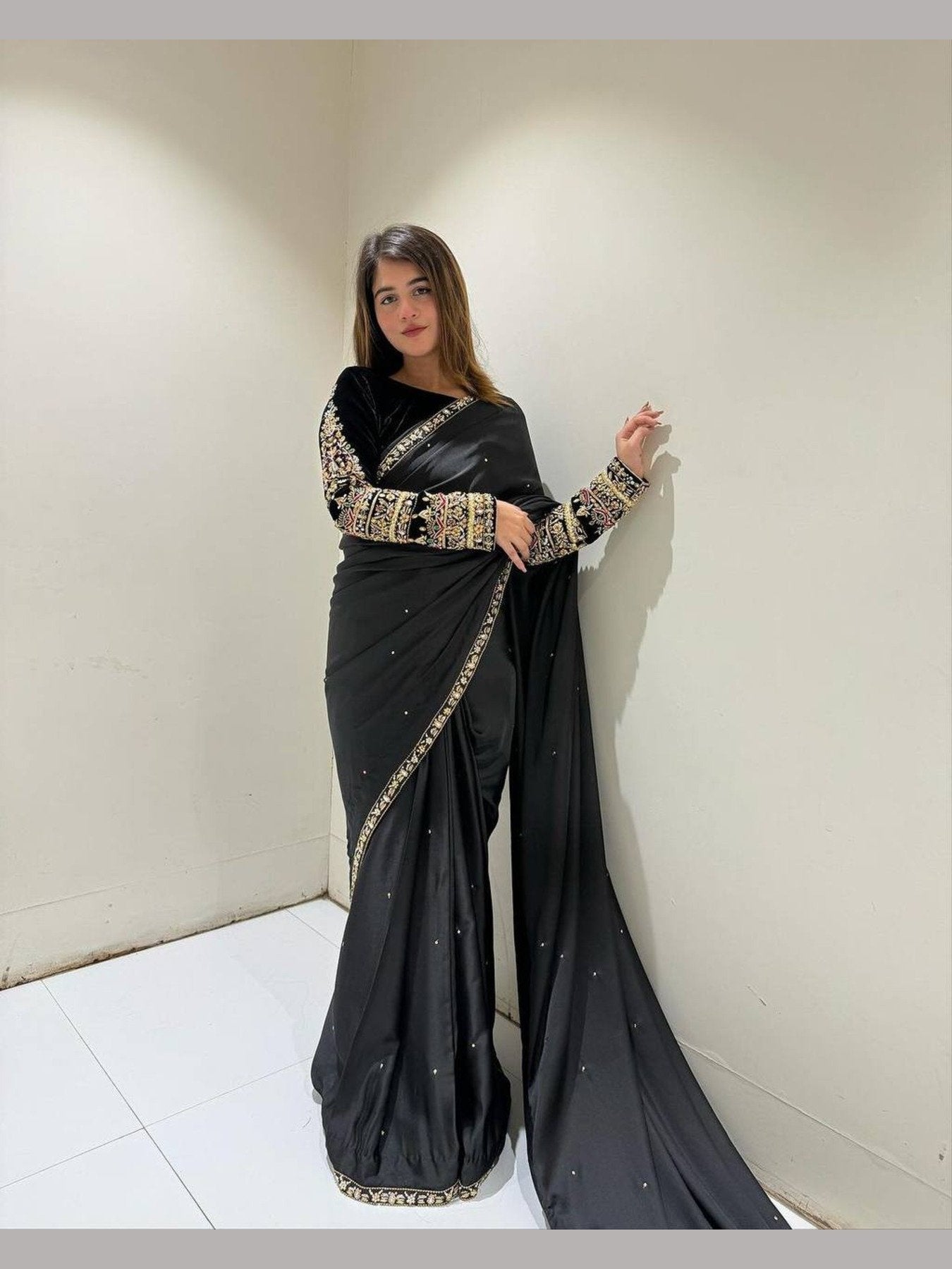 Designer Velvet saree with embroidery - Femenica