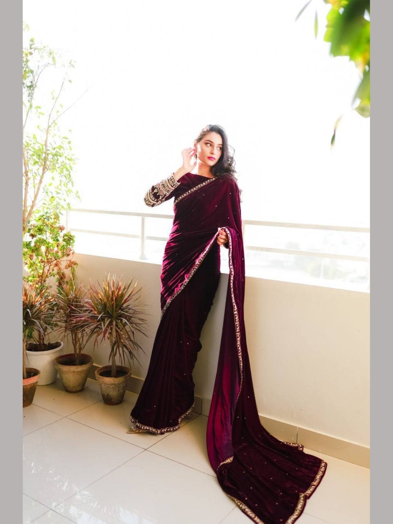 Designer Velvet saree with embroidery - Femenica