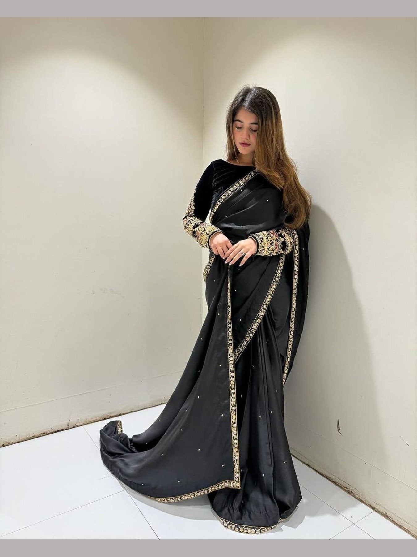 Designer Velvet saree with embroidery - Femenica