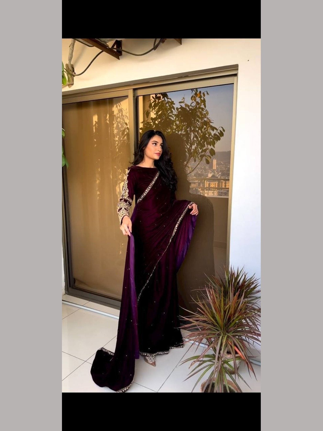 Designer Velvet saree with embroidery - Femenica