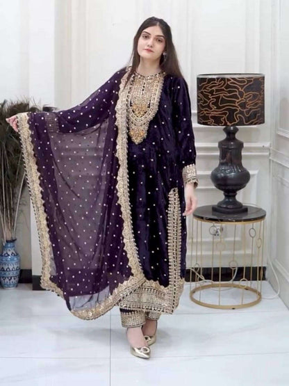 Designer Viscose Velvet Embroidered Suit - Femenica