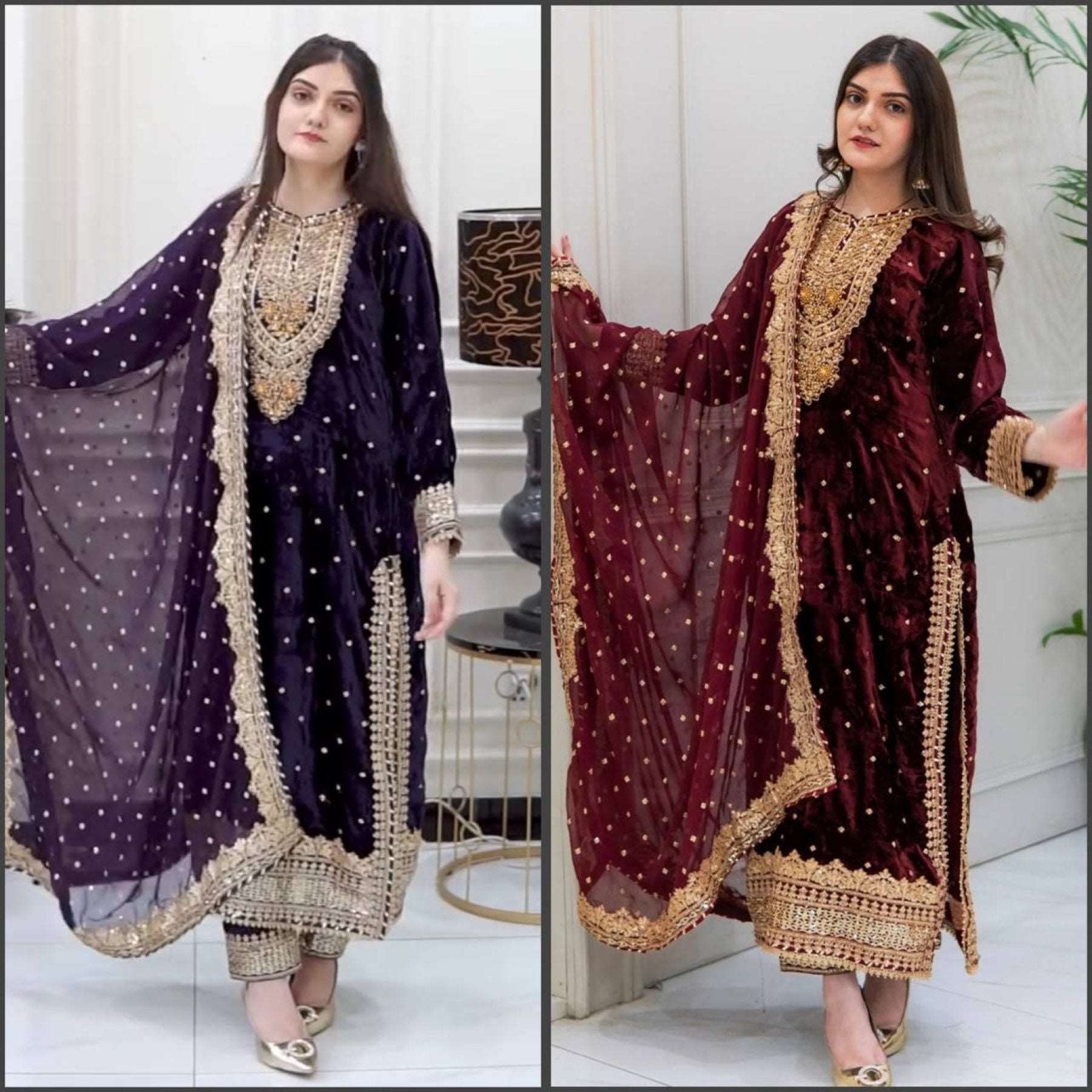 Designer Viscose Velvet Embroidered Suit - Femenica