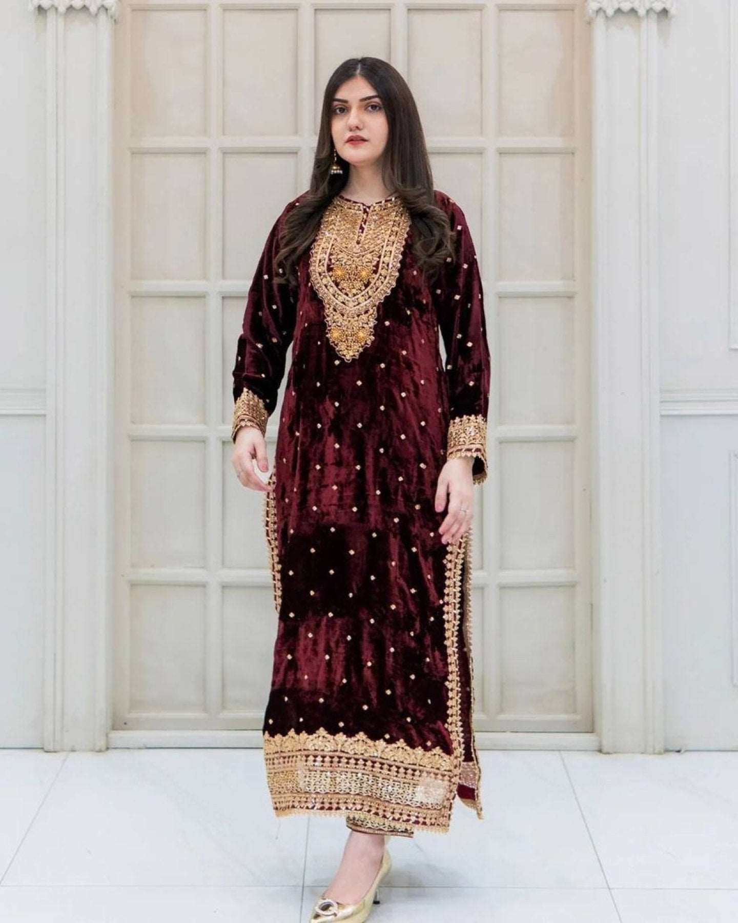 Designer Viscose Velvet Embroidered Suit - Femenica