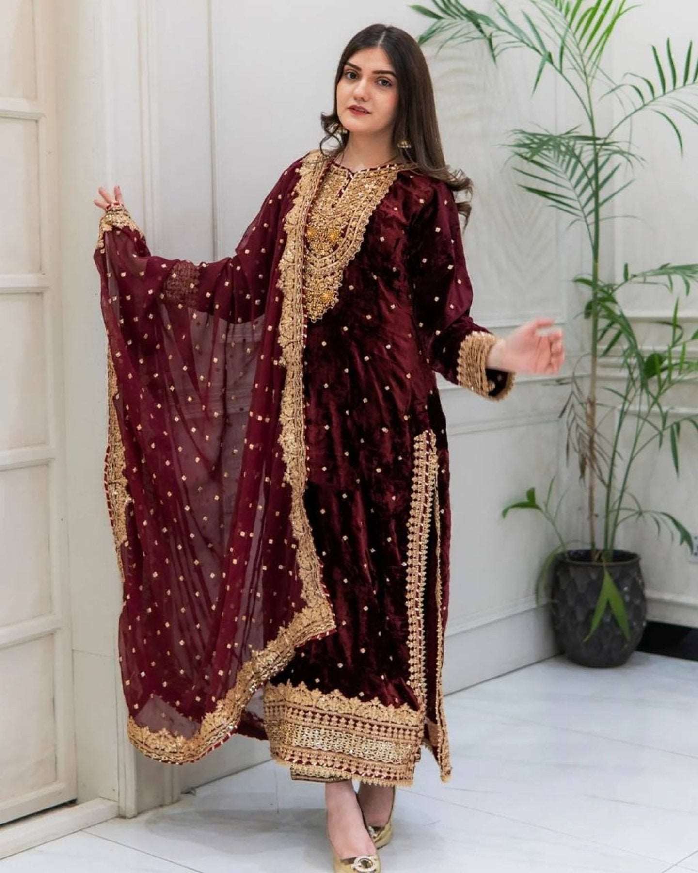 Designer Viscose Velvet Embroidered Suit - Femenica