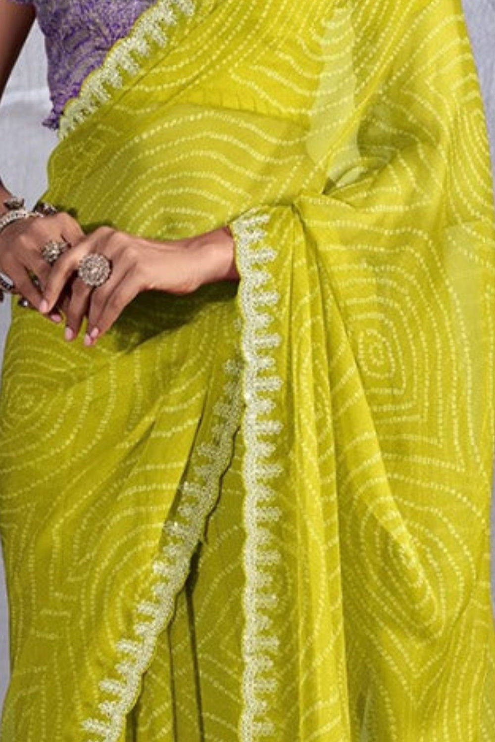 Women's Designer Party Wear Neon Yellow Bandhani Soft Georgette Saree - Femenica