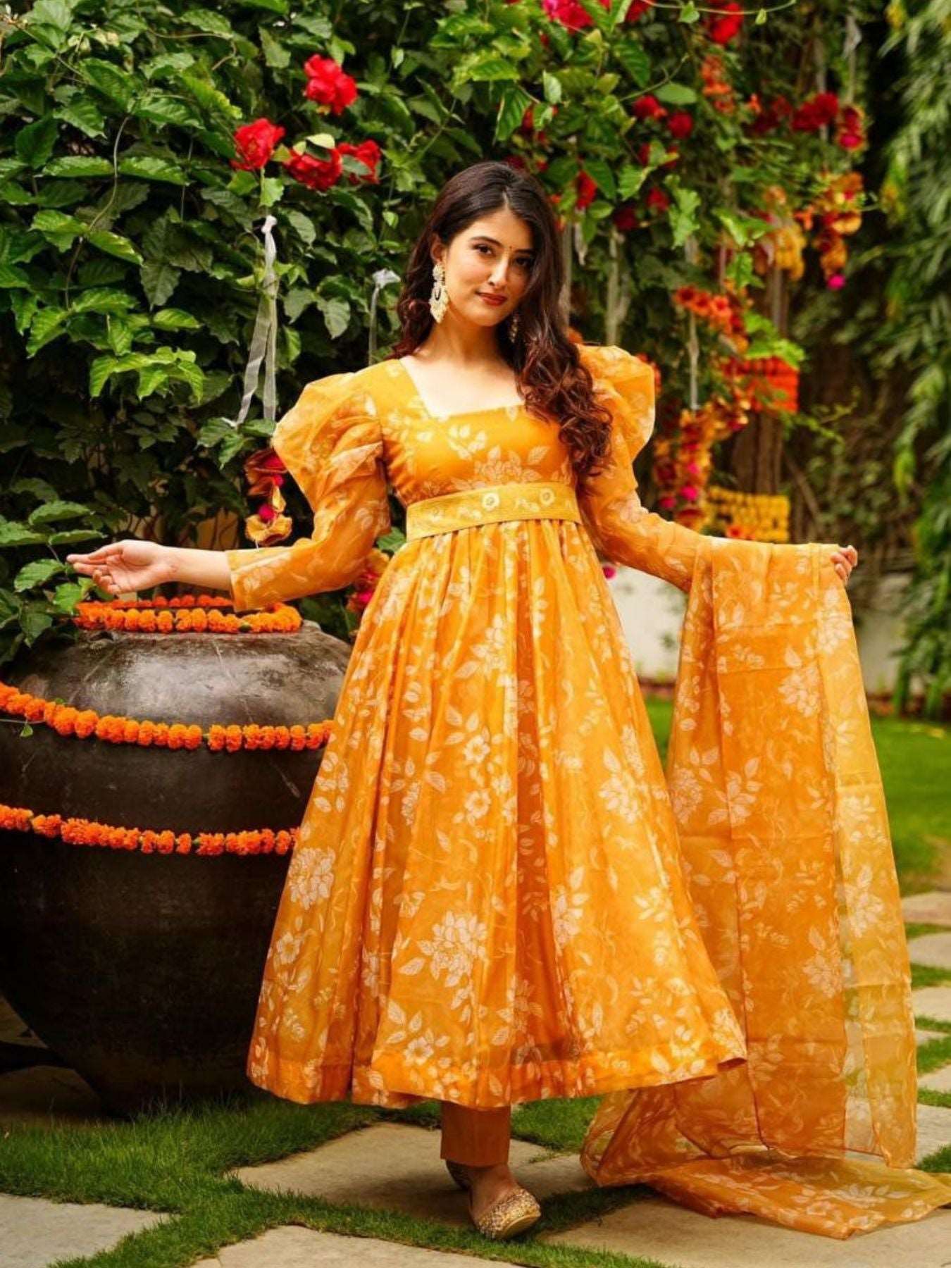 Elegance Orange Colour Floral Organza Suit Set With Embroidered Belt - Femenica