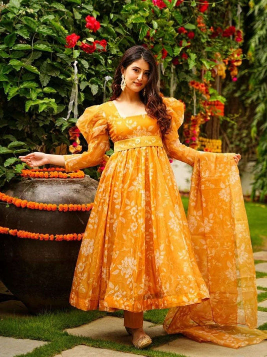 Elegance Orange Colour Floral Organza Suit Set With Embroidered Belt - Femenica