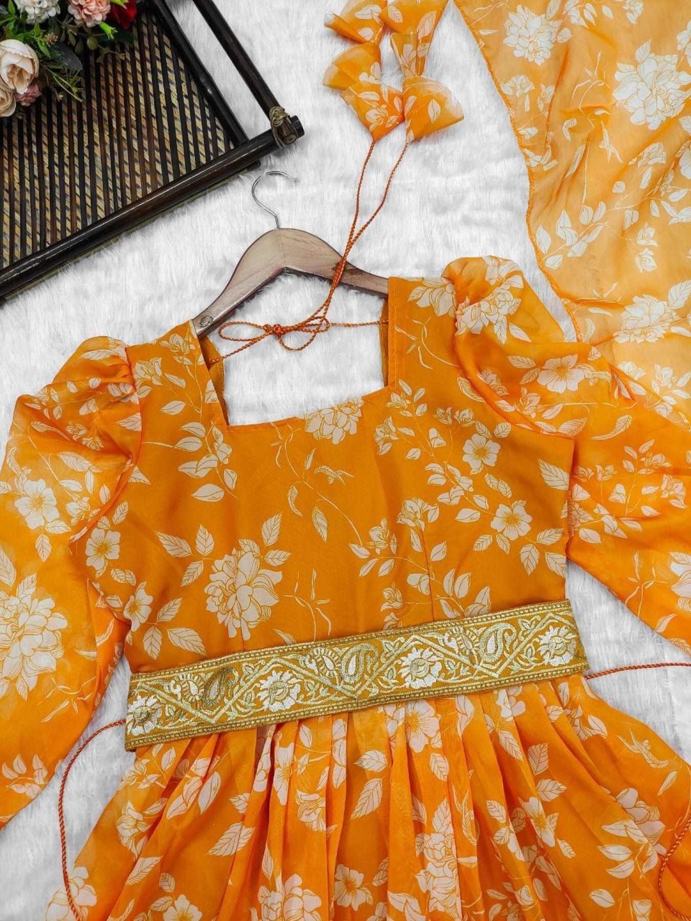 Elegance Orange Colour Floral Organza Suit Set With Embroidered Belt - Femenica