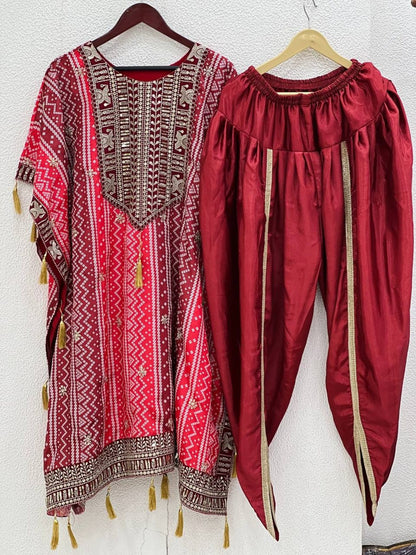 Pure Chinnon Red Kaftan and Dhoti Set - Femenica