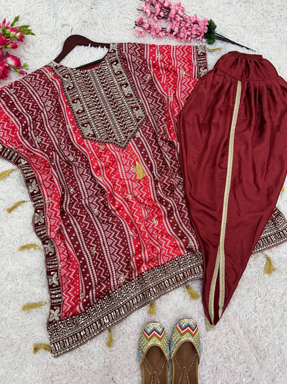 Pure Chinnon Red Kaftan and Dhoti Set - Femenica