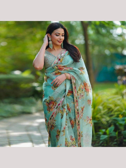 Tabby Silk Digital Printed Turquoise Saree - Femenica