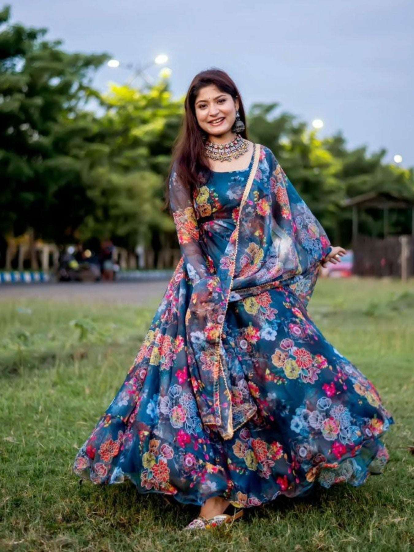 Organza Tabby Silk Floral Printed Blue Gown Pant With Dupatta - Femenica