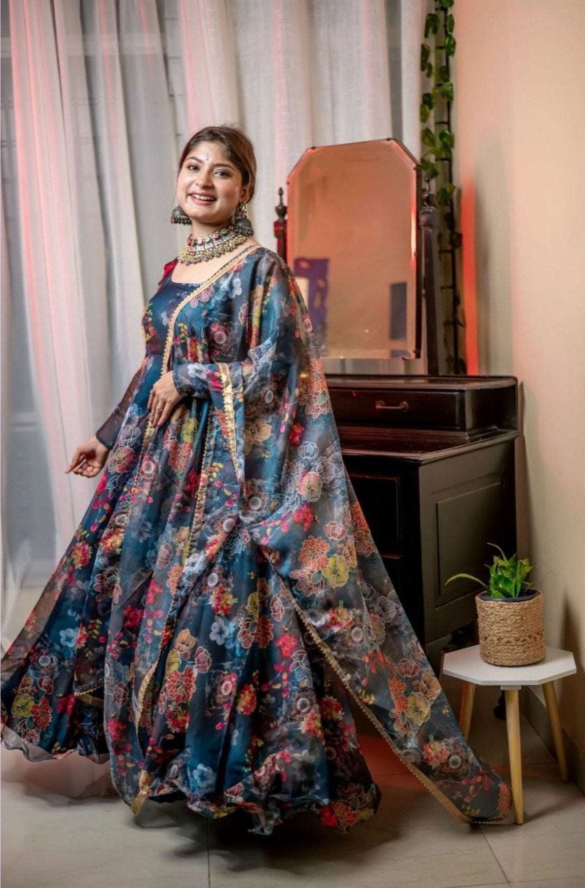 Organza Tabby Silk Floral Printed Blue Gown Pant With Dupatta - Femenica